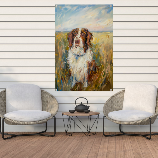 Hondenschilderij in een kleurrijk landschap tuinposter
