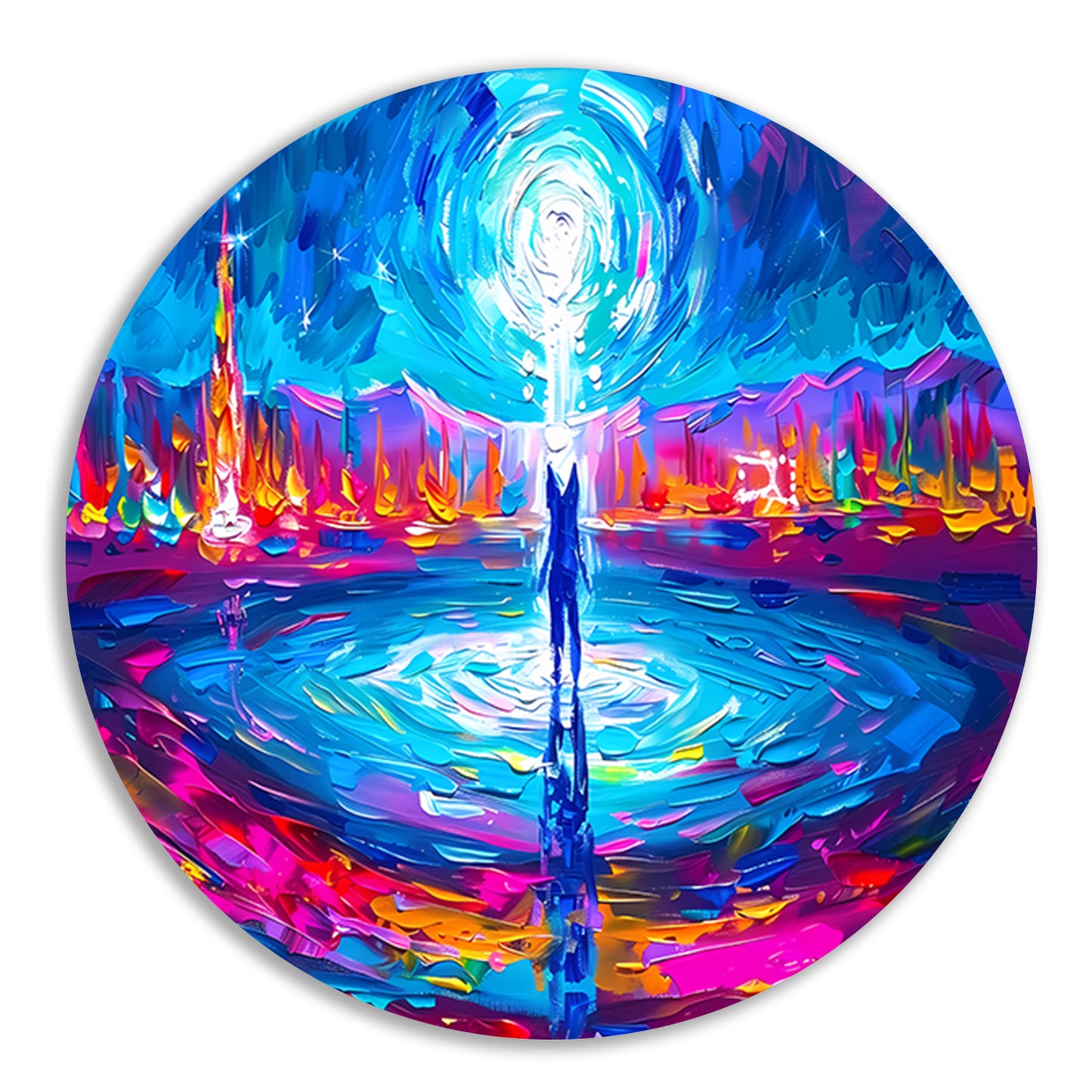 Abstracte kleurenexplosie met mensfiguur aluminium muurcirkel