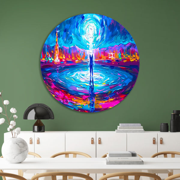 Abstracte kleurenexplosie met mensfiguur aluminium muurcirkel