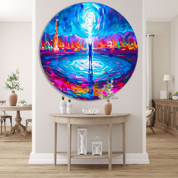 Abstracte kleurenexplosie met mensfiguur aluminium muurcirkel