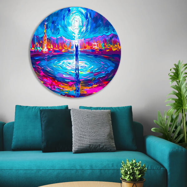 Abstracte kleurenexplosie met mensfiguur aluminium muurcirkel