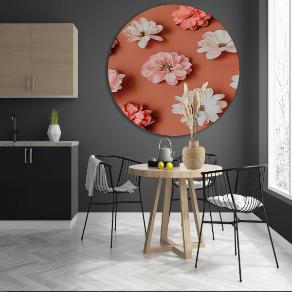 Minimalistische bloemen op oranje achtergrond aluminium muurcirkel