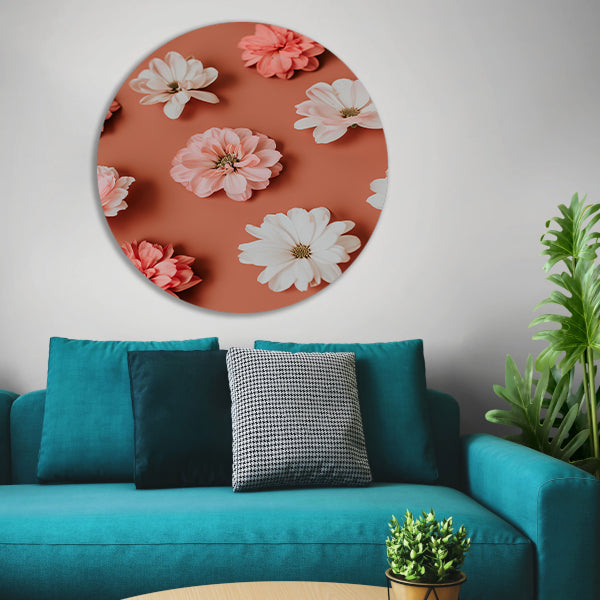 Minimalistische bloemen op oranje achtergrond aluminium muurcirkel