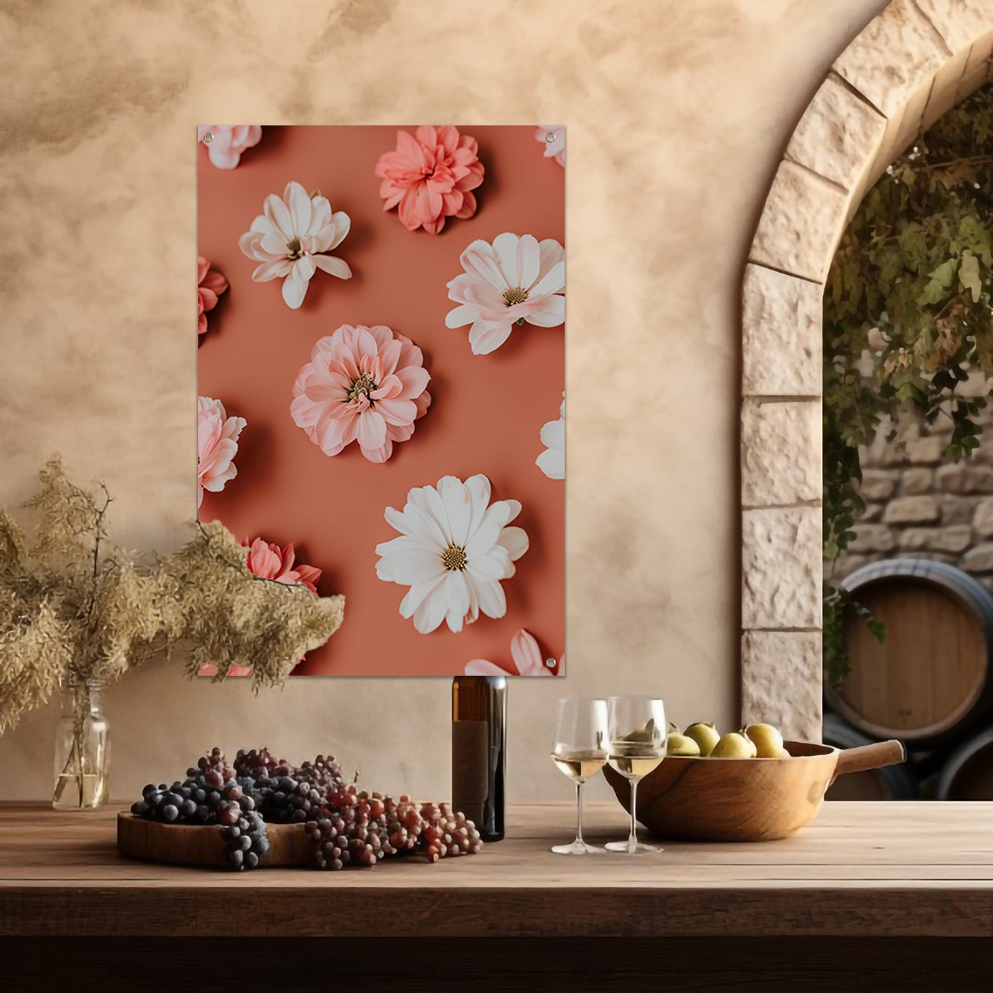 Minimalistische bloemen op oranje achtergrond tuinposter