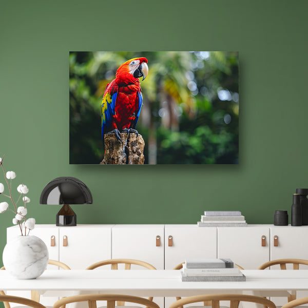 Kleurrijke realistische papegaai op een boomstronk canvas met baklijst