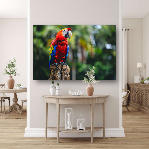 Kleurrijke realistische papegaai op een boomstronk canvas met baklijst