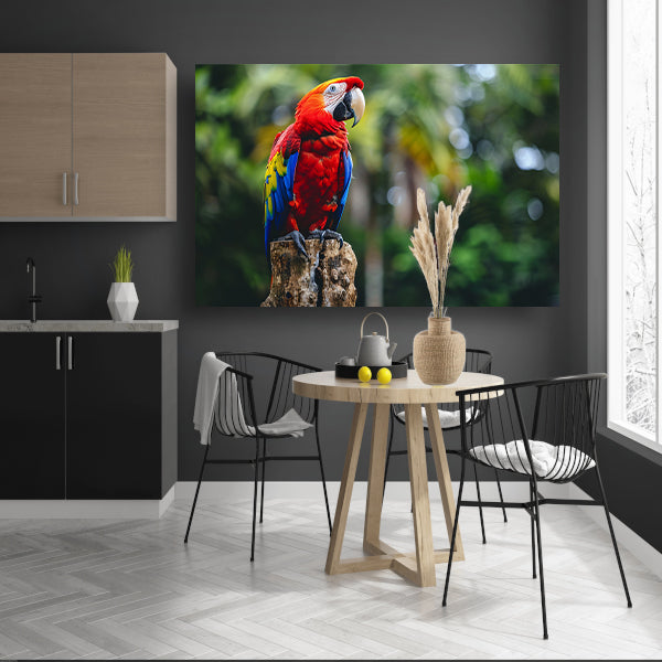 Kleurrijke realistische papegaai op een boomstronk canvas met baklijst