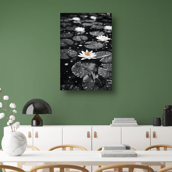 Zwart-wit foto van waterlelies op water canvas