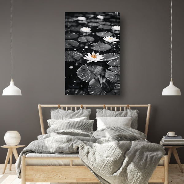 Zwart-wit foto van waterlelies op water canvas