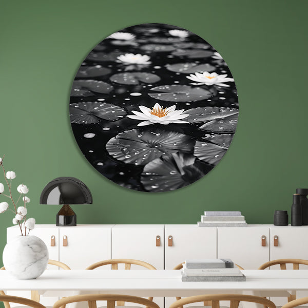 Zwart-wit foto van waterlelies op water aluminium muurcirkel