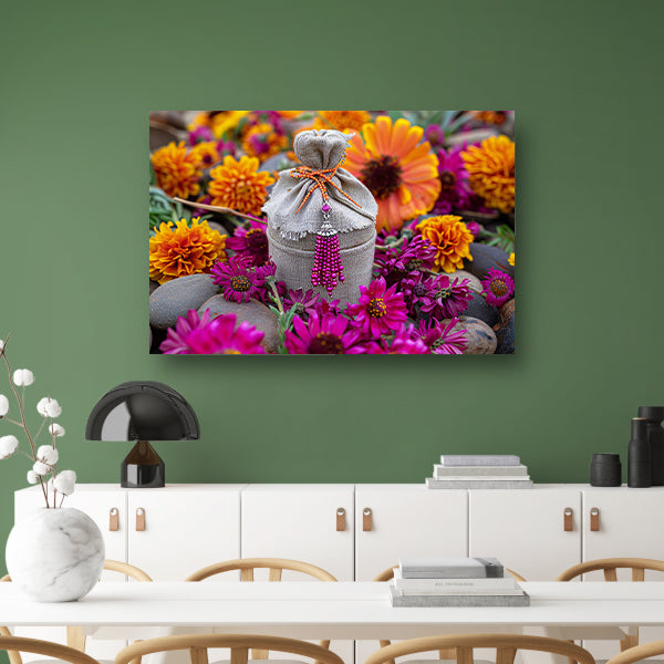 Paarse bloemen met tas canvas