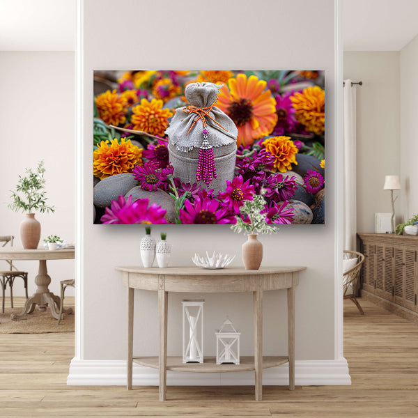 Paarse bloemen met tas canvas