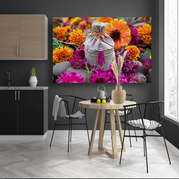 Paarse bloemen met tas canvas