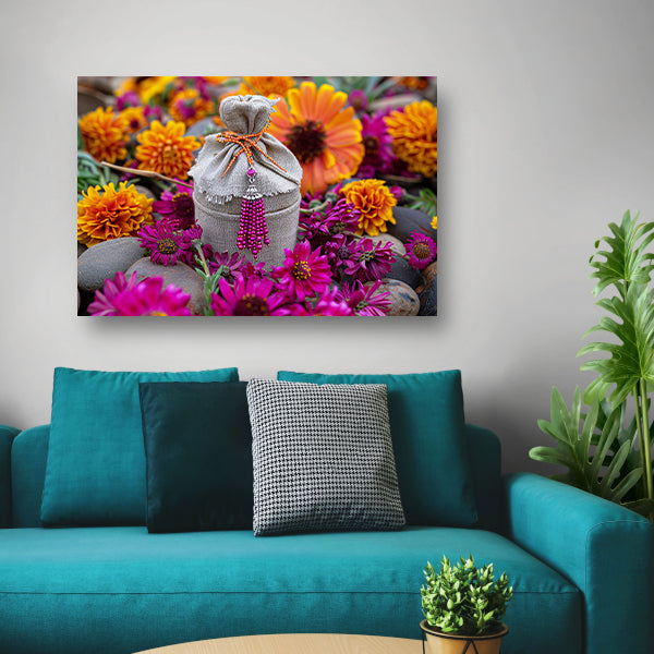 Paarse bloemen met tas canvas