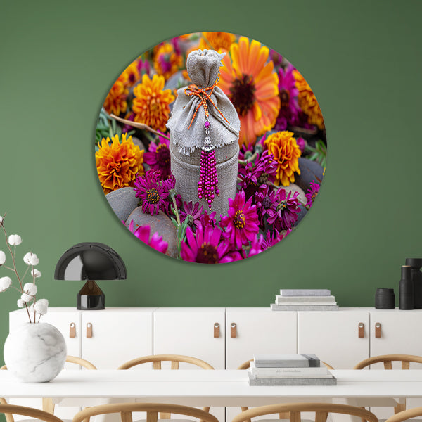 Paarse bloemen met tas aluminium muurcirkel