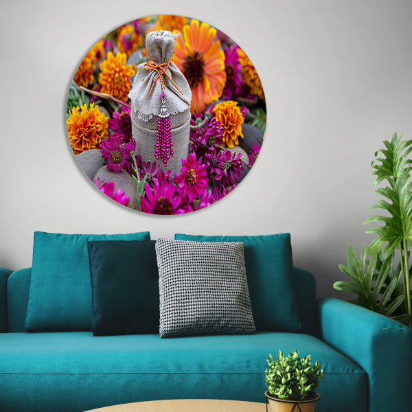 Paarse bloemen met tas aluminium muurcirkel