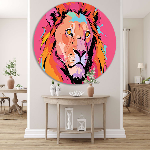 Kleurrijke Pop Art Leeuw op Roze Achtergrond aluminium muurcirkel