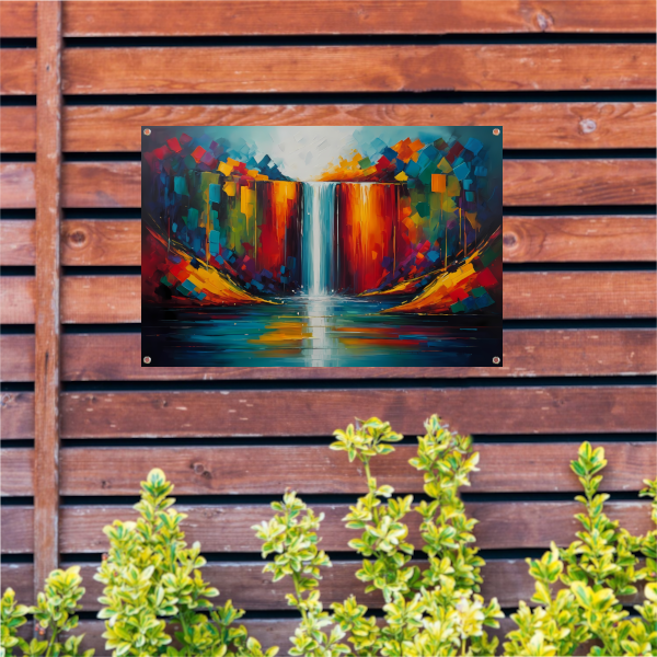 Levendige Geometrische Kleuren Waterval Reflectie tuinposter