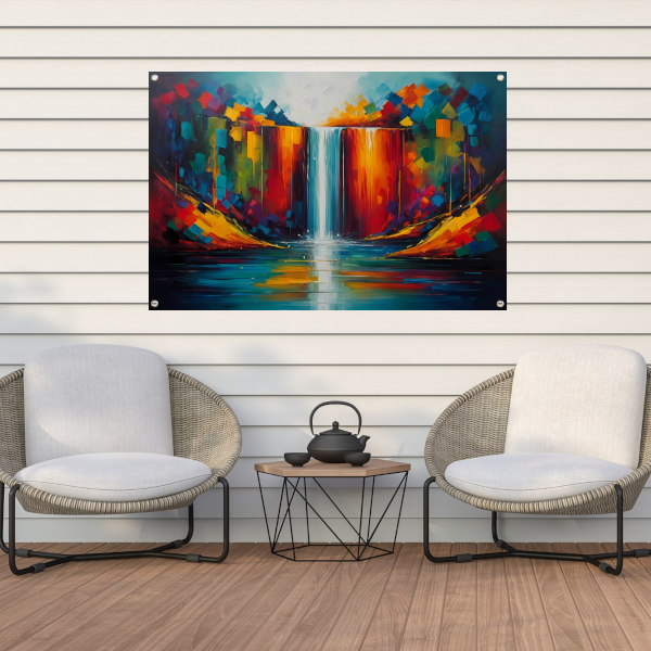 Levendige Geometrische Kleuren Waterval Reflectie tuinposter