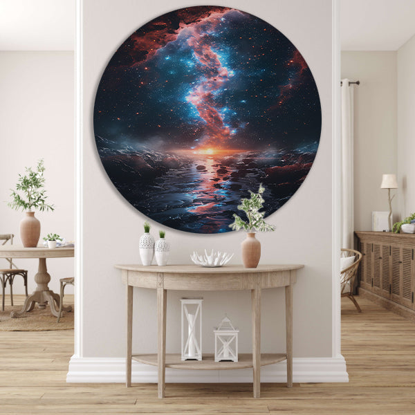 Kosmische rivier bij zonsondergang op buitenaardse planeet aluminium muurcirkel