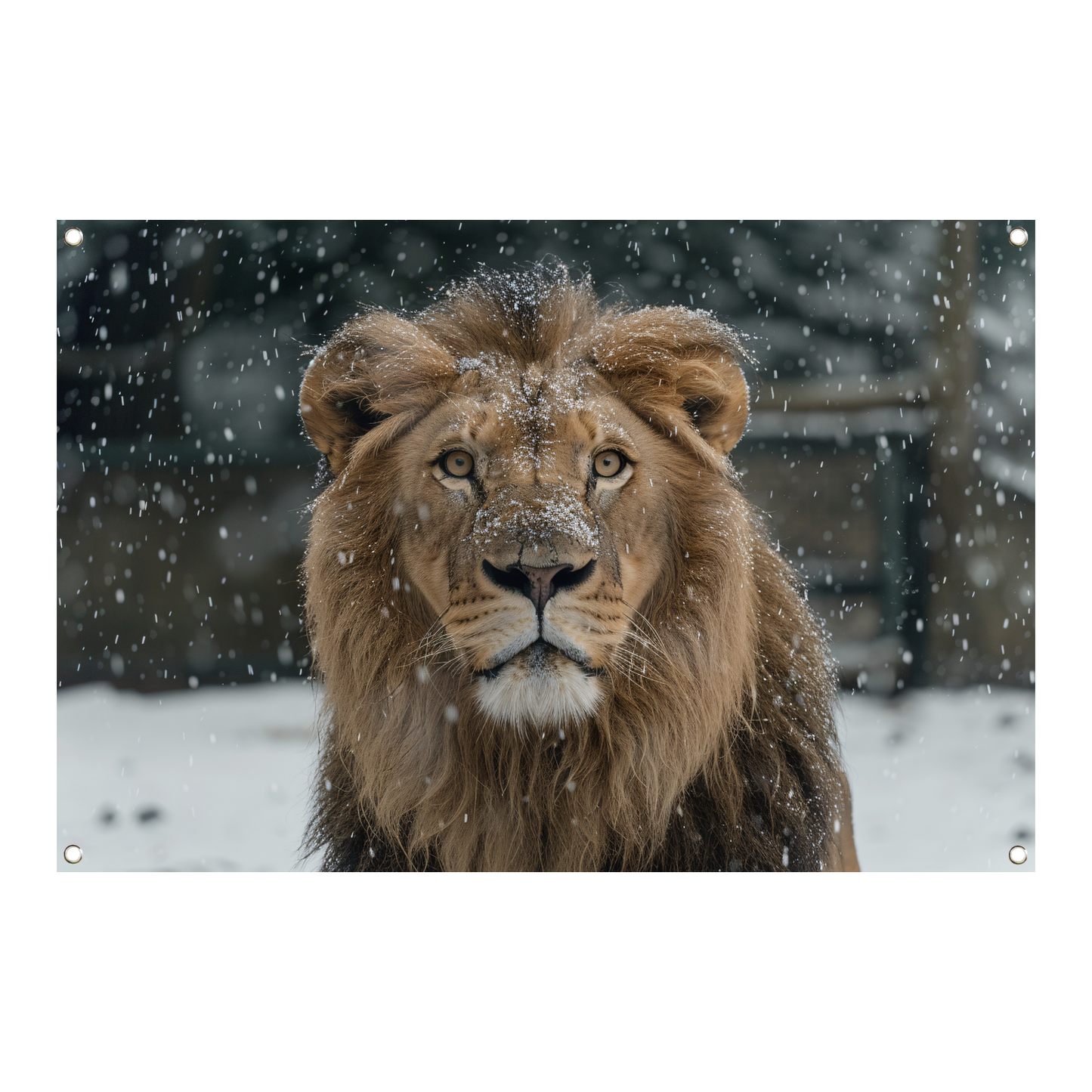 Majestueuze Leeuw in Sneeuwbedekte Wildernis tuinposter