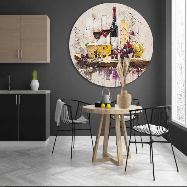 Stilleven met wijn, kaas en druiven aluminium muurcirkel