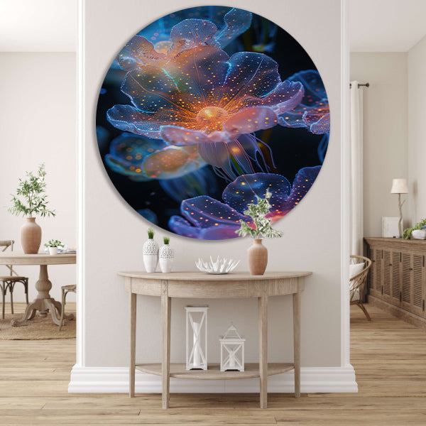 Digitale Kunst: Bloemen met Kosmische Gloed aluminium muurcirkel