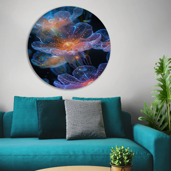 Digitale Kunst: Bloemen met Kosmische Gloed aluminium muurcirkel
