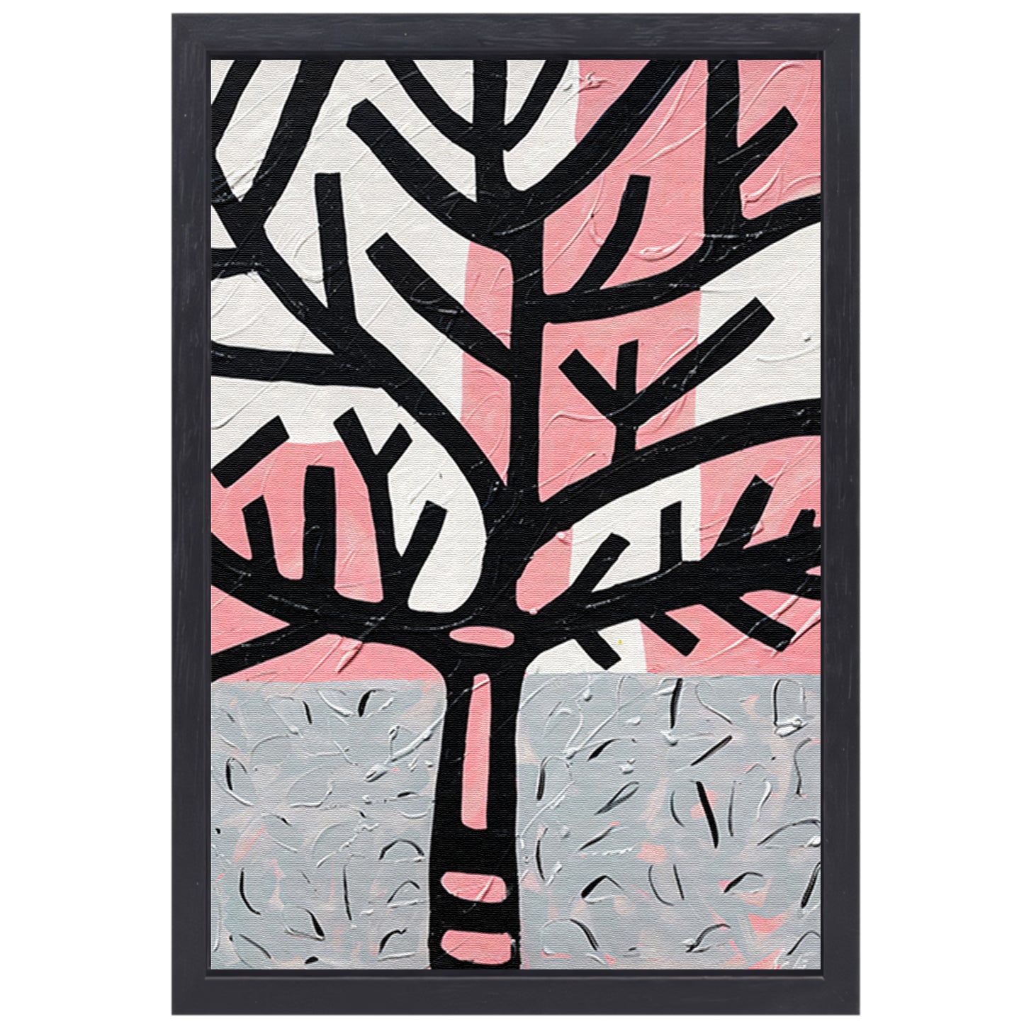 Abstracte boom met roze en zwarte accenten canvas met baklijst