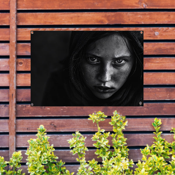 Realistisch zwart-wit portret met intense blik tuinposter