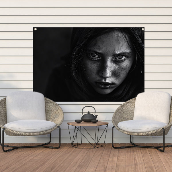 Realistisch zwart-wit portret met intense blik tuinposter