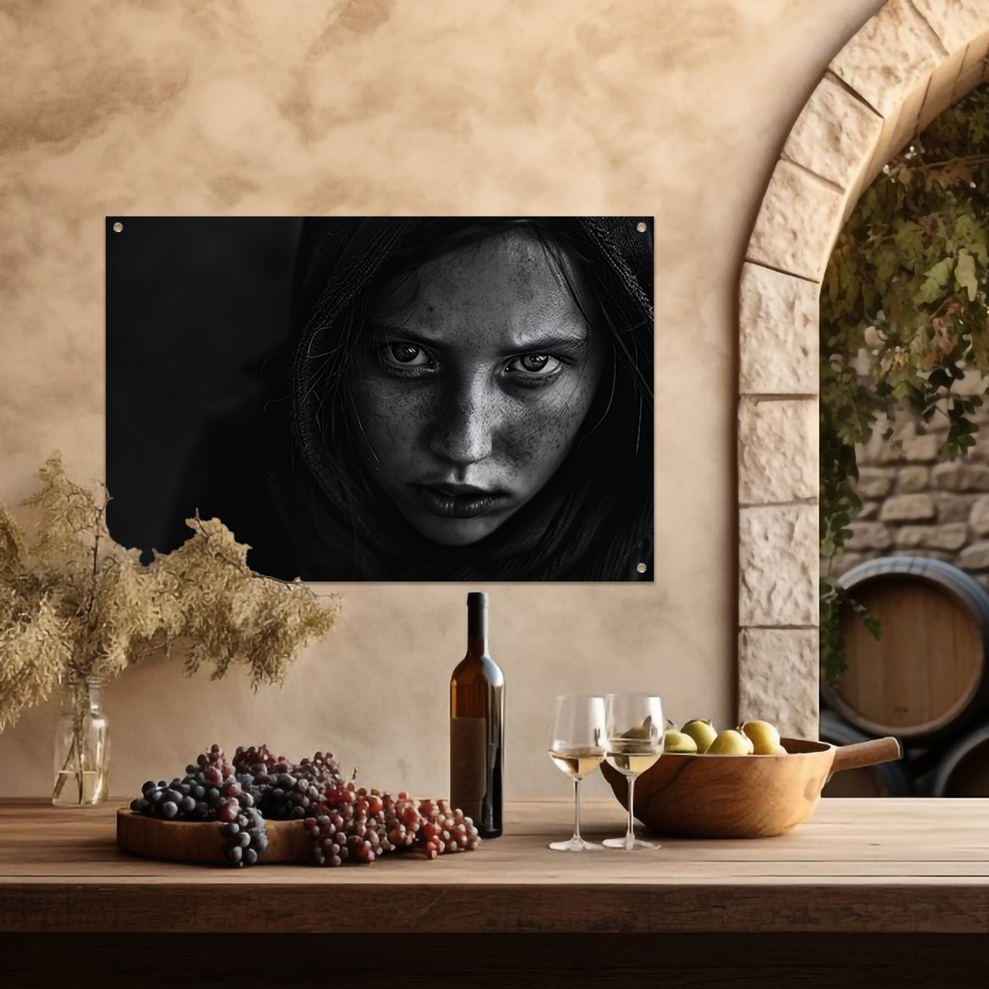 Realistisch zwart-wit portret met intense blik tuinposter