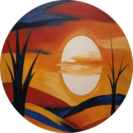 Abstracte Interpretatie van Zonsondergang en Bomen aluminium muurcirkel