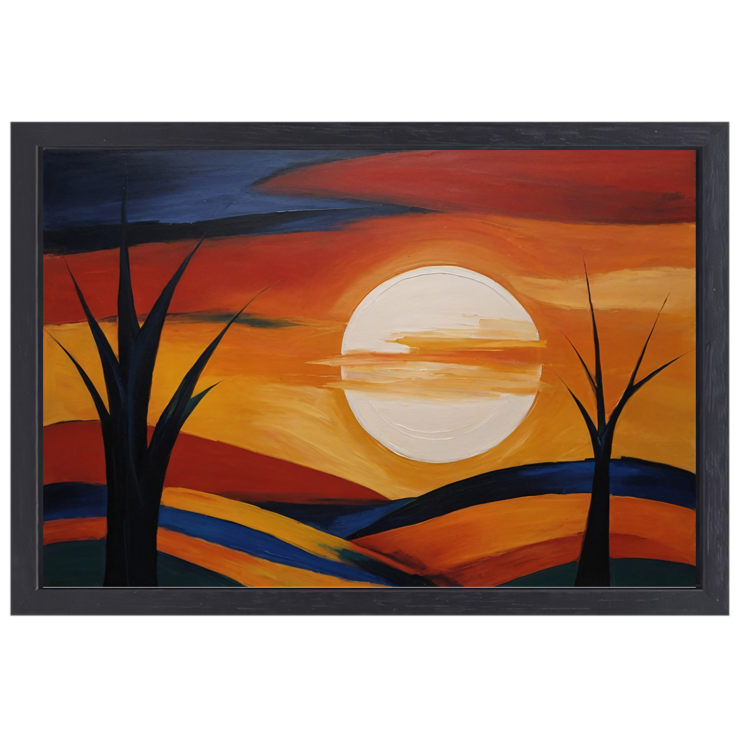 Abstracte Interpretatie van Zonsondergang en Bomen canvas met baklijst