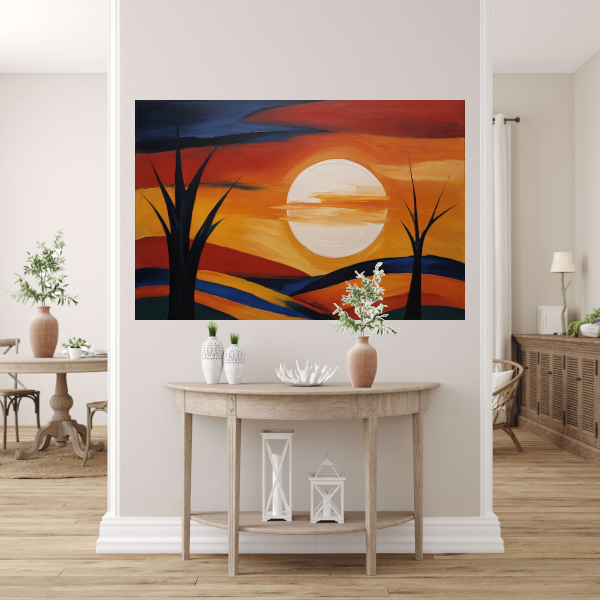 Abstracte Interpretatie van Zonsondergang en Bomen poster