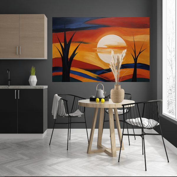 Abstracte Interpretatie van Zonsondergang en Bomen poster