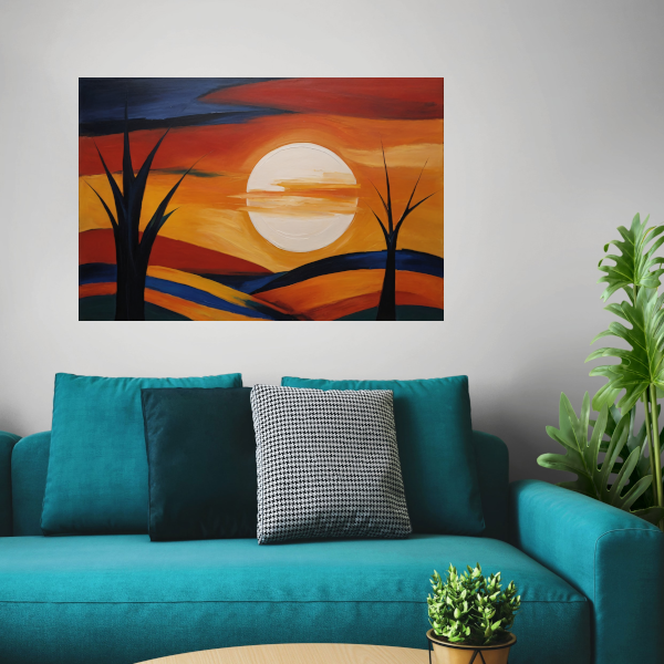 Abstracte Interpretatie van Zonsondergang en Bomen poster