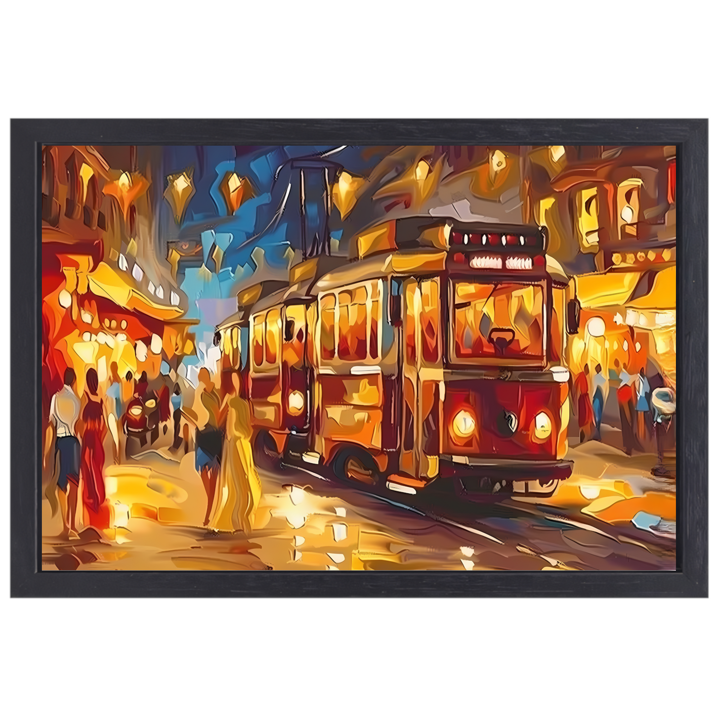 Levendige Stadstram in Kleurrijke Nacht canvas met baklijst
