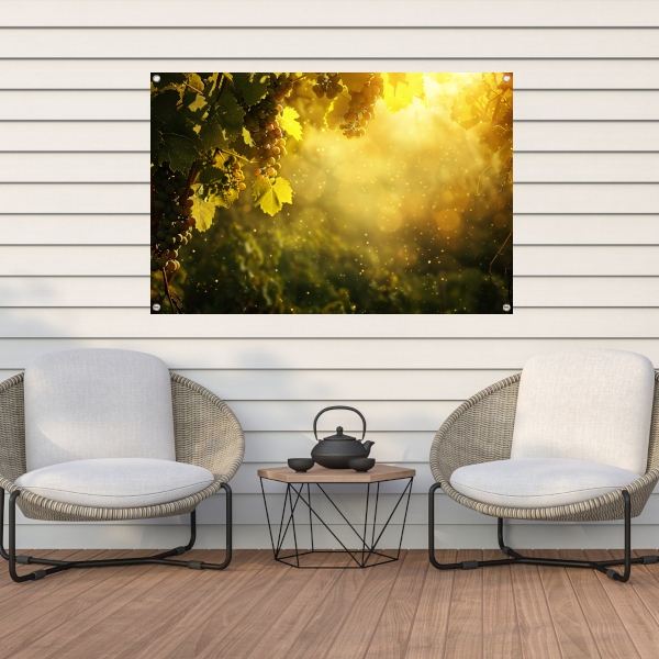 Gouden lichtval over wijngaard bij zonsondergang tuinposter