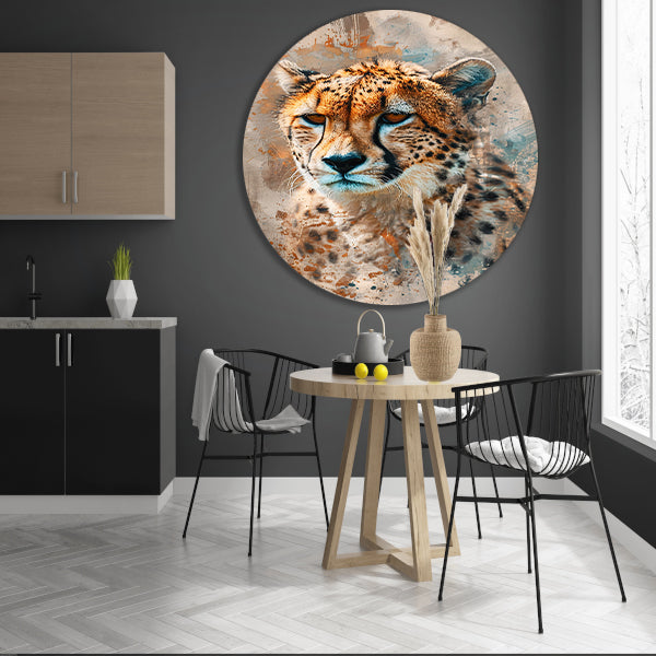 Digitale kunst van cheetah met abstracte achtergrond aluminium muurcirkel