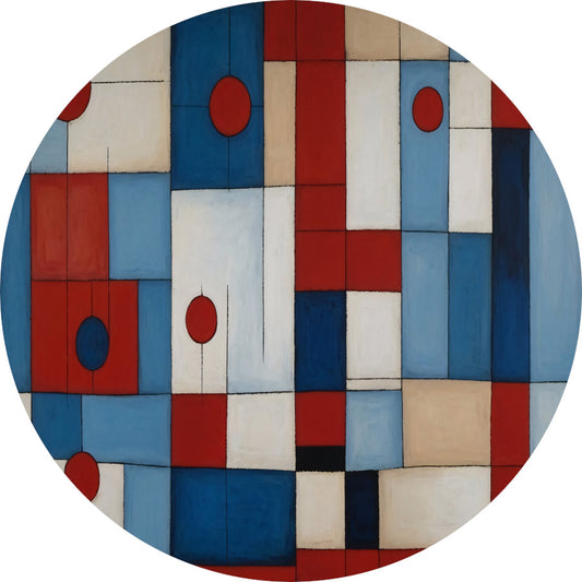 Geometrische harmonie in rood en blauw aluminium muurcirkel