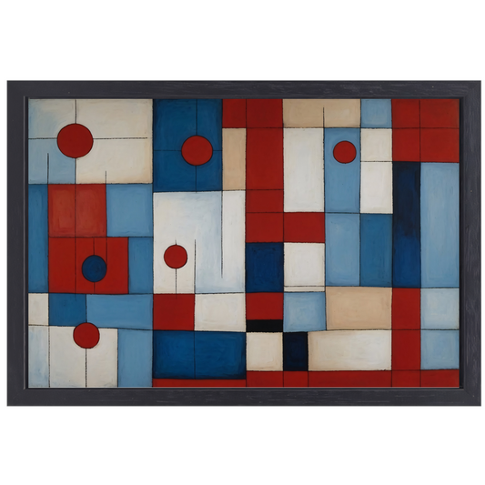 Geometrische harmonie in rood en blauw canvas met baklijst