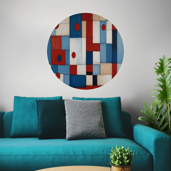 Geometrische harmonie in rood en blauw aluminium muurcirkel