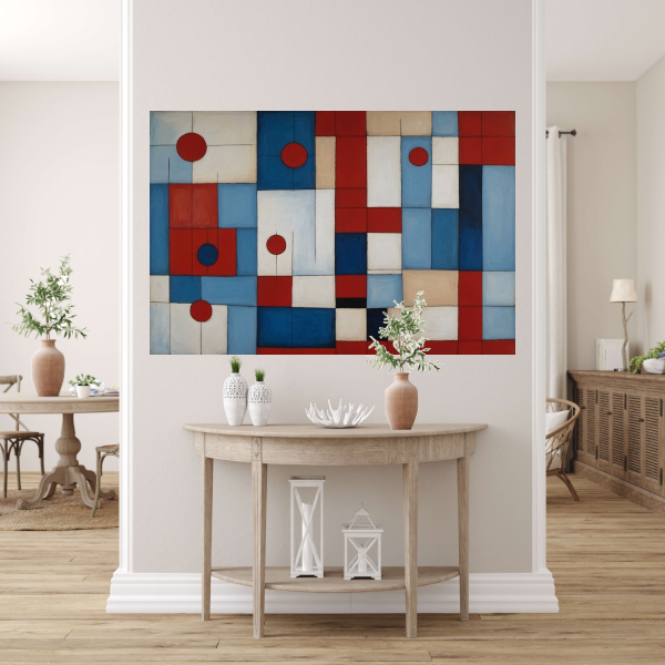 Geometrische harmonie in rood en blauw canvas met baklijst