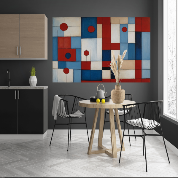 Geometrische harmonie in rood en blauw canvas met baklijst