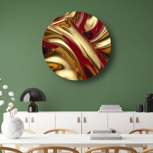Abstracte golven in goud en rood aluminium muurcirkel