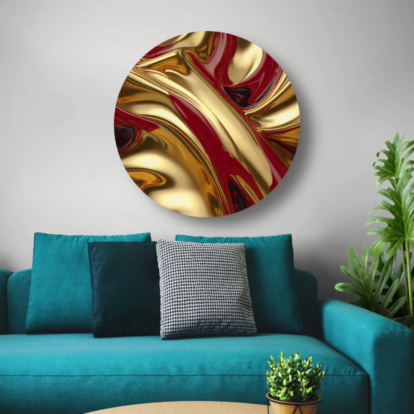 Abstracte golven in goud en rood aluminium muurcirkel