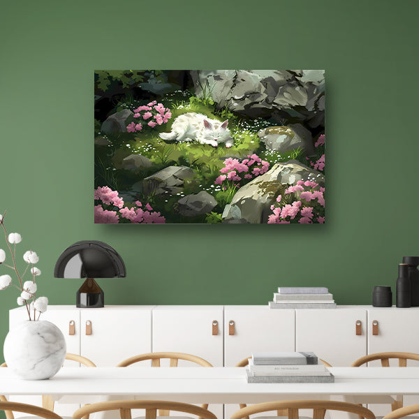 Slapende kat in bloemenrijke tuin poster