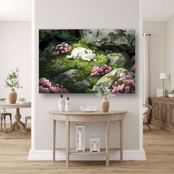 Slapende kat in bloemenrijke tuin poster