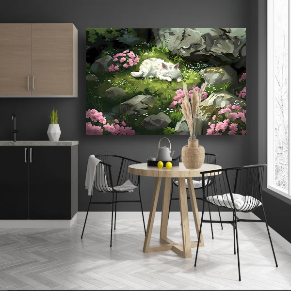 Slapende kat in bloemenrijke tuin poster